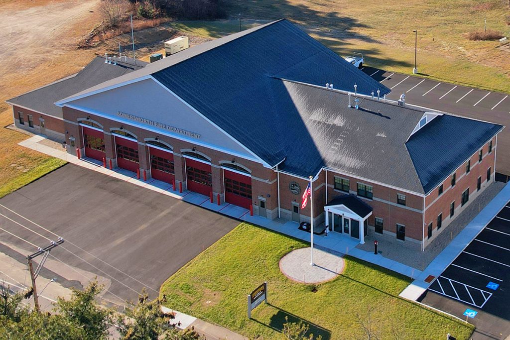 Aerial view of fire station building