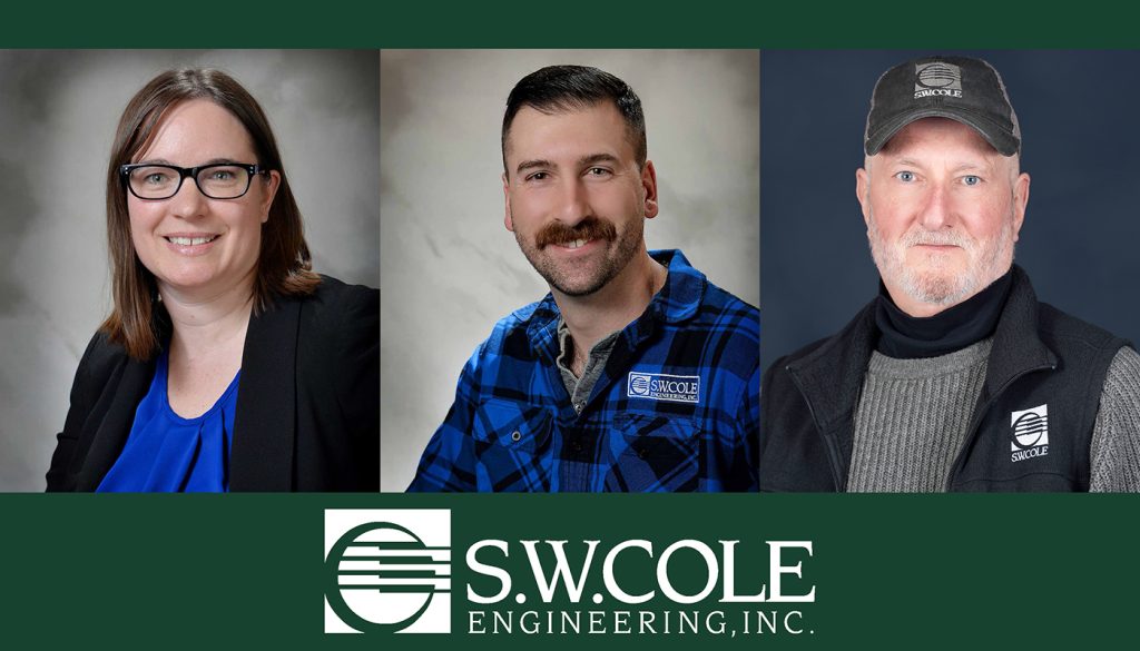 Photos of Jean Lamontanaro, Riley Moyer, and Mike White framed with dark green rectangles on top and bottom. The S.W. Cole Engineering logo, in white, is centered on the bottom green rectangle.