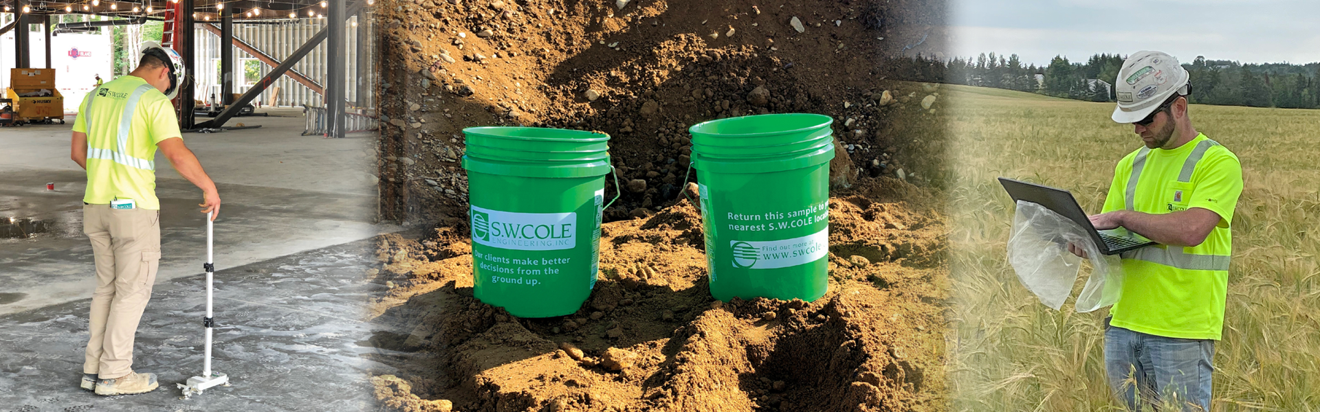 Construction services technician testing floor flatness. 2 green 5-gallon buckets with S.W. Cole logo. Geotechnical engineer working on a laptop in a field.