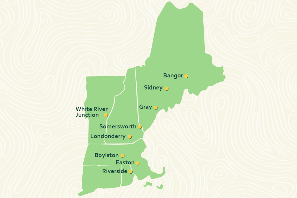 Map of the New England states labeled with S. W. Cole office locations