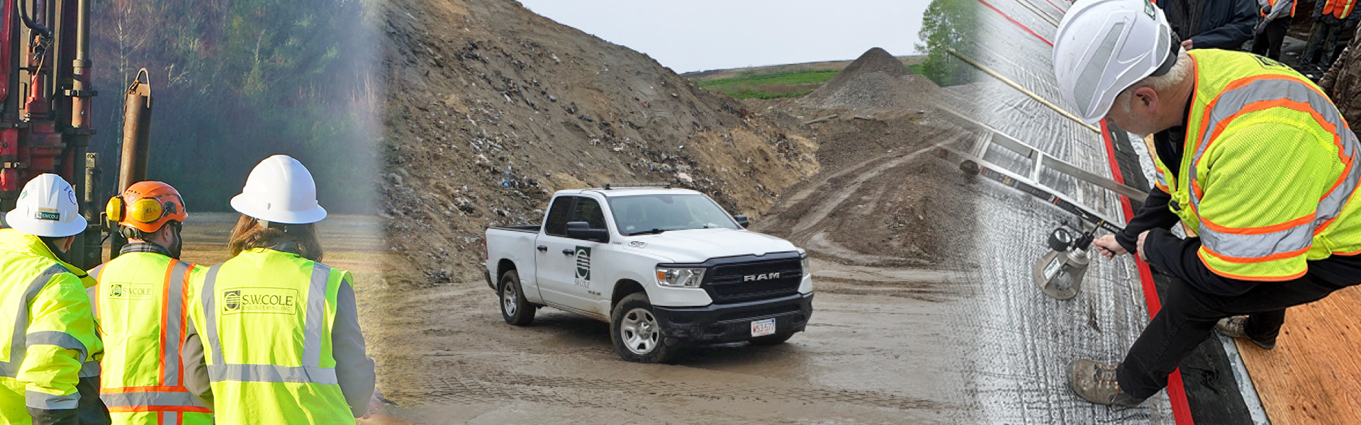 S.W. Cole team members wearing safety gear. S. W. Cole pickup truck on a project site. S. W. Cole employee using a jack to conduct pull testing.