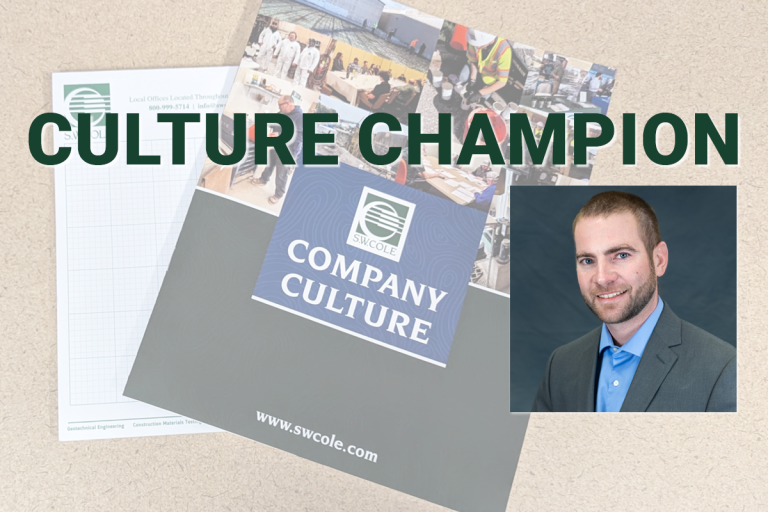 Photo of Nate Strout and the text Culture Champion the background is an S.W. Cole Company Culture document.