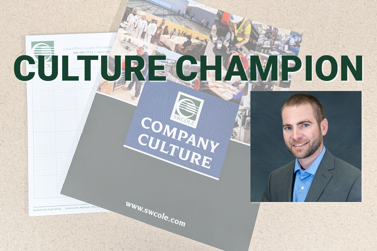 Photo of Nate Strout and the text Culture Champion the background is an S.W. Cole Company Culture document.