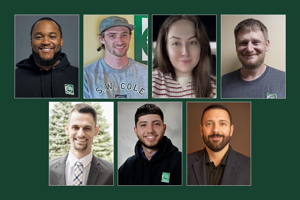 Dark green background with photos of team members who have recently been promoted