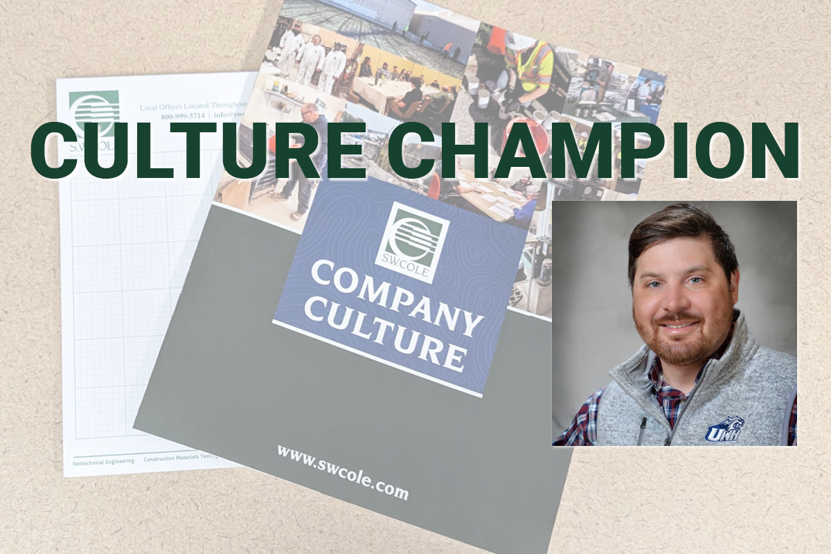 Company Culture booklet and culture champion materials displayed on a tabletop, with ‘Culture Champion’ text and headshot photo of Ryan LaBonte overlaid.