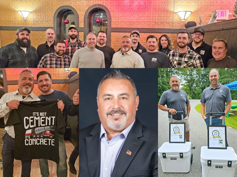 A collage of four images celebrating Scott Harmon's retirement, featuring Scott with colleagues at his retirement celebration, Scott and Ryan LaBonte holding a shirt that says “It’s not cement, it’s concrete,” a professional portrait of Scott, and Scott with Chad Michaud outdoors holding coolers and certificates for their 25-year service anniversaries.