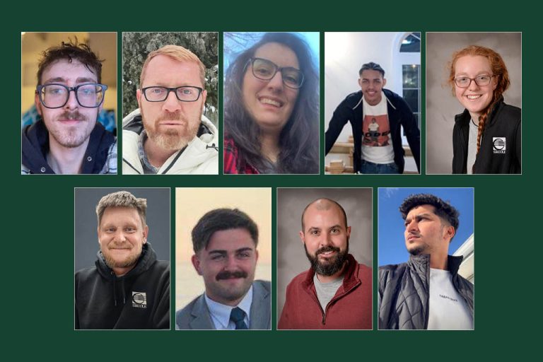 Photos of team members who were recently promoted on a dark green background.