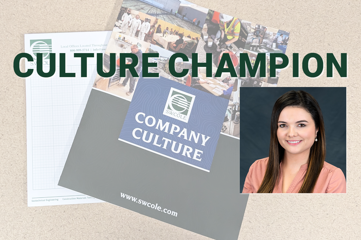 Company Culture booklet and culture champion materials displayed on a tabletop, with ‘Culture Champion’ text and headshot photo of Hope Taylor overlaid.