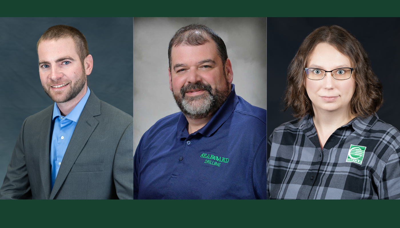 Professional headshot photos of Nate Strout, Mike Glynn, and Sarah Sylvia on a dark green background.
