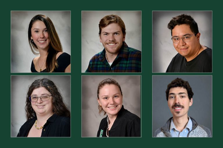 Professional headshot photos of recently promoted team members on a dark green background