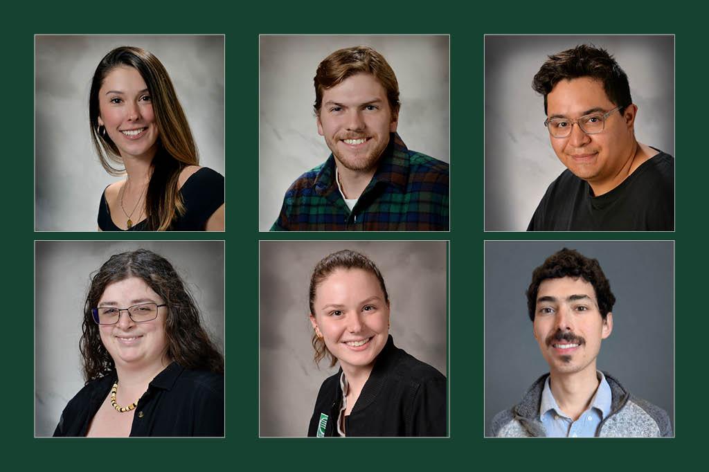 Professional headshot photos of recently promoted team members on a dark green background