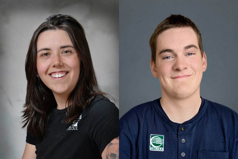 Professional headshot photos of Emilie Bonhomme and Jake Preston