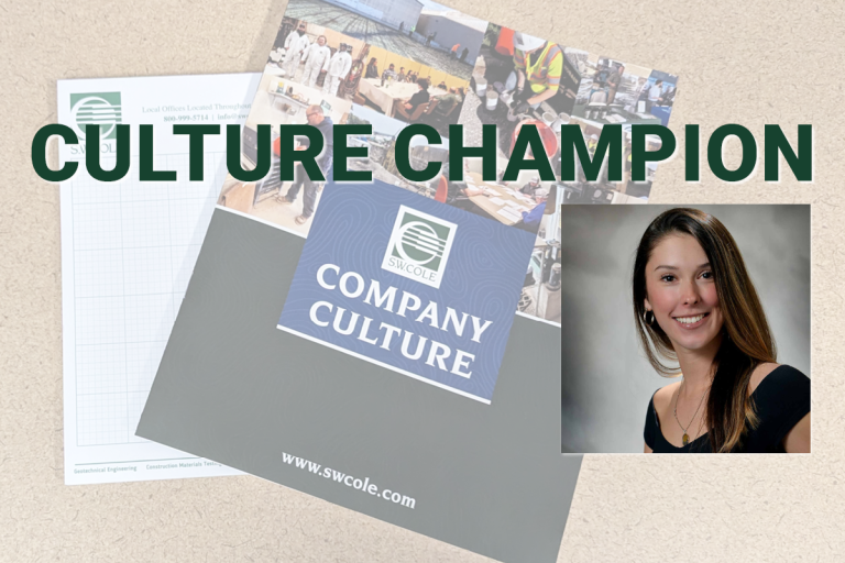 Company Culture booklet and branded notepad displayed on a tabletop, with ‘Culture Champion’ text and headshot photo of Emma Dennis overlaid.