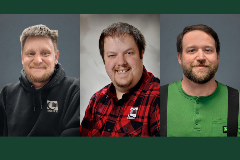 Professional headshot photos of recently promoted team members on a dark green background.